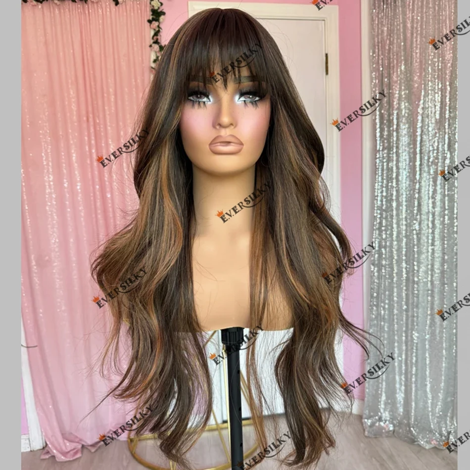 Fringe Highlight Human Hair 13X6 Lace Front Wig for Black Women Loose Wave Balayage 360Lace Frontal Wig with Bangs Remy Peruvian