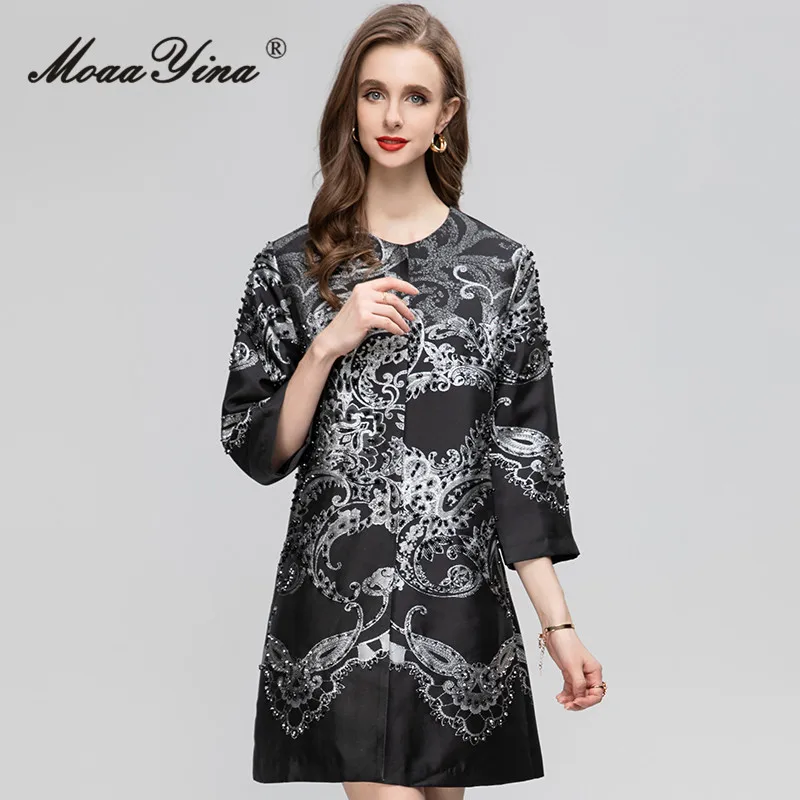 Gedivoen Summer Fashion Designer Luxury Jacquard Jacket Coats Women O-neck Three-quarter Sleeve Diamonds Loose Long Jacket Coats