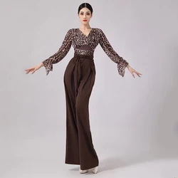 New Ballroom Dance Clothes Women Adult Long Sleeves Leopard Tops Brown Pants Cha Cha Rumba Latin Dance Practice Wear DNV19036