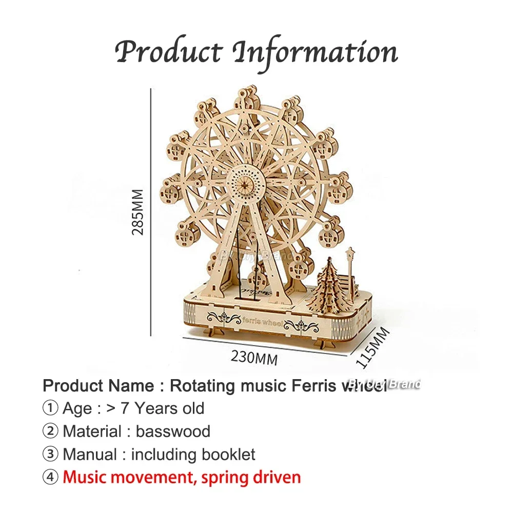 Rotatable DIY 3D Puzzles Ferris Wheel Music Octave Box Wooden Model Mechanical Kits Assembly Decor Toy Gift for Children Adult