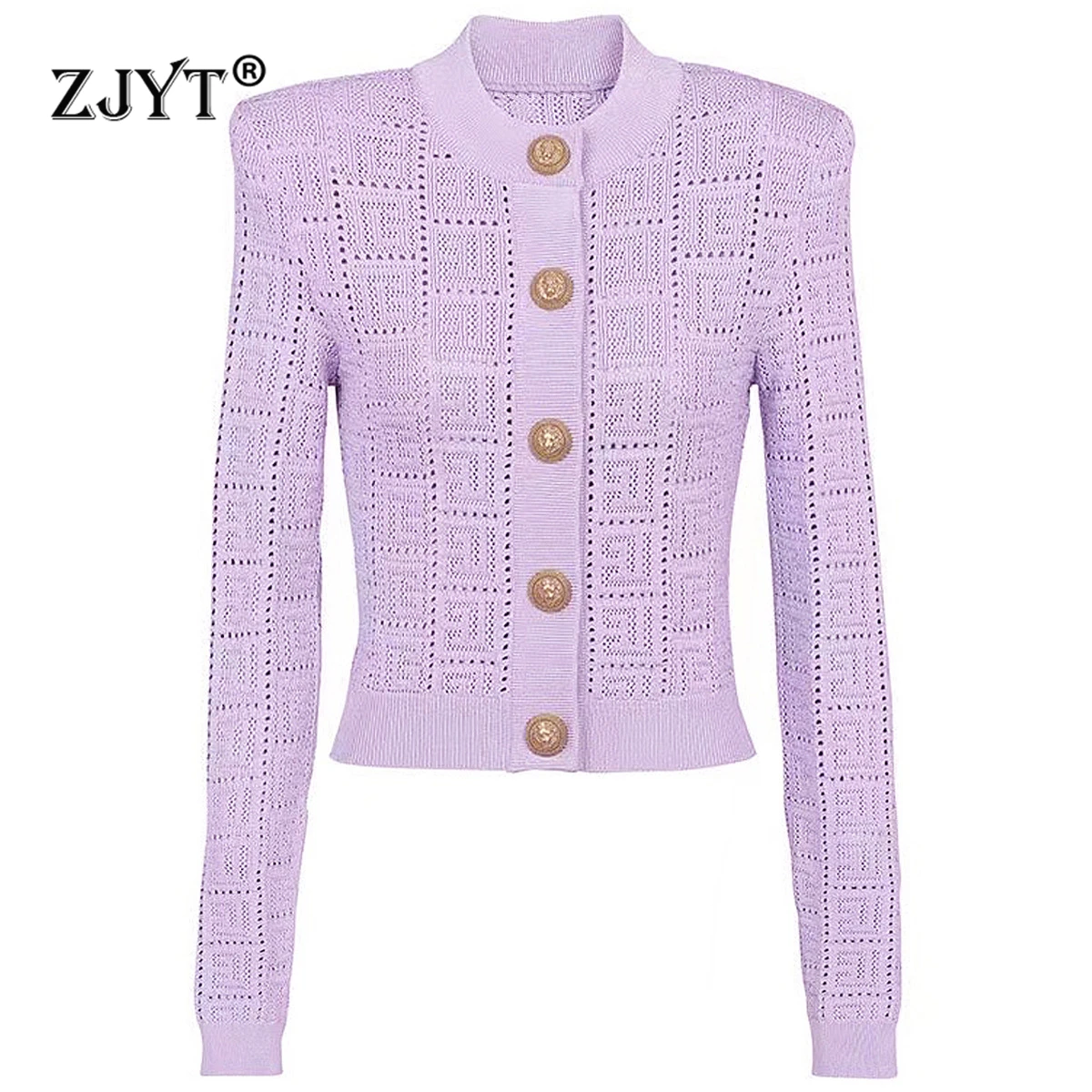 

ZJYT Autumn Winter Hollow Out Short Cardigan Sweaters Women Purple Knitting Tops Long Sleeve Knitwears Jersey Mujer 2024 Fashion