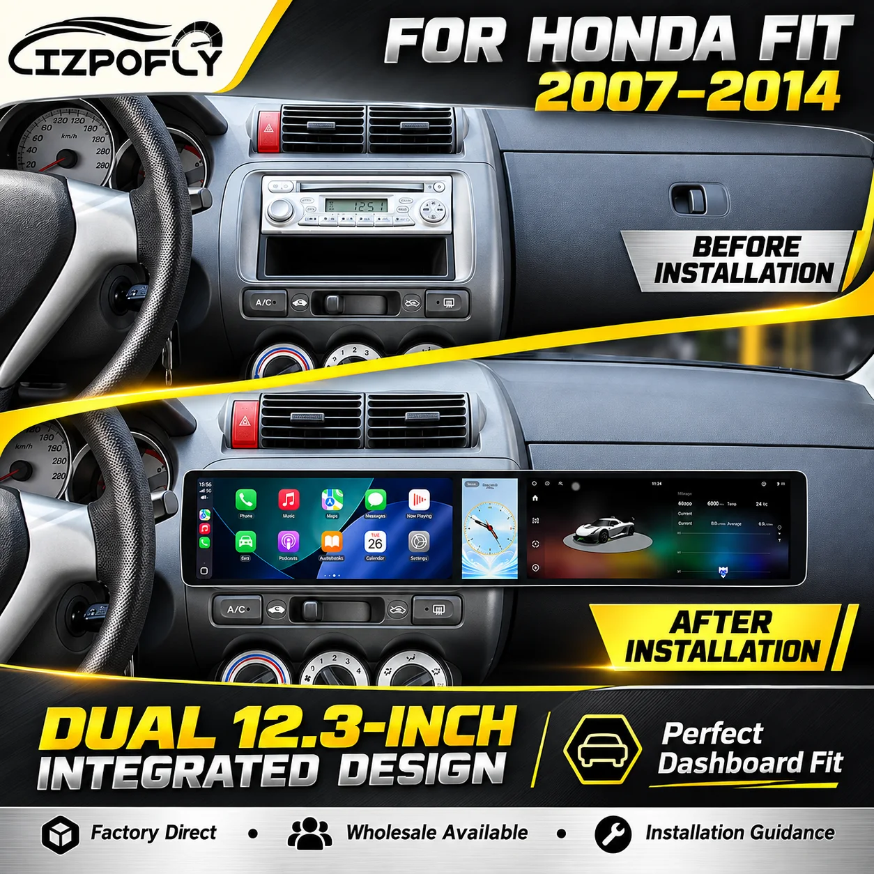 Lizpofly 3-in-1 screen 24.6 inch Android Car Radio For Honda Fit 2007-2014 CarPlay GPS Navigation Multimedia Video Player Stereo