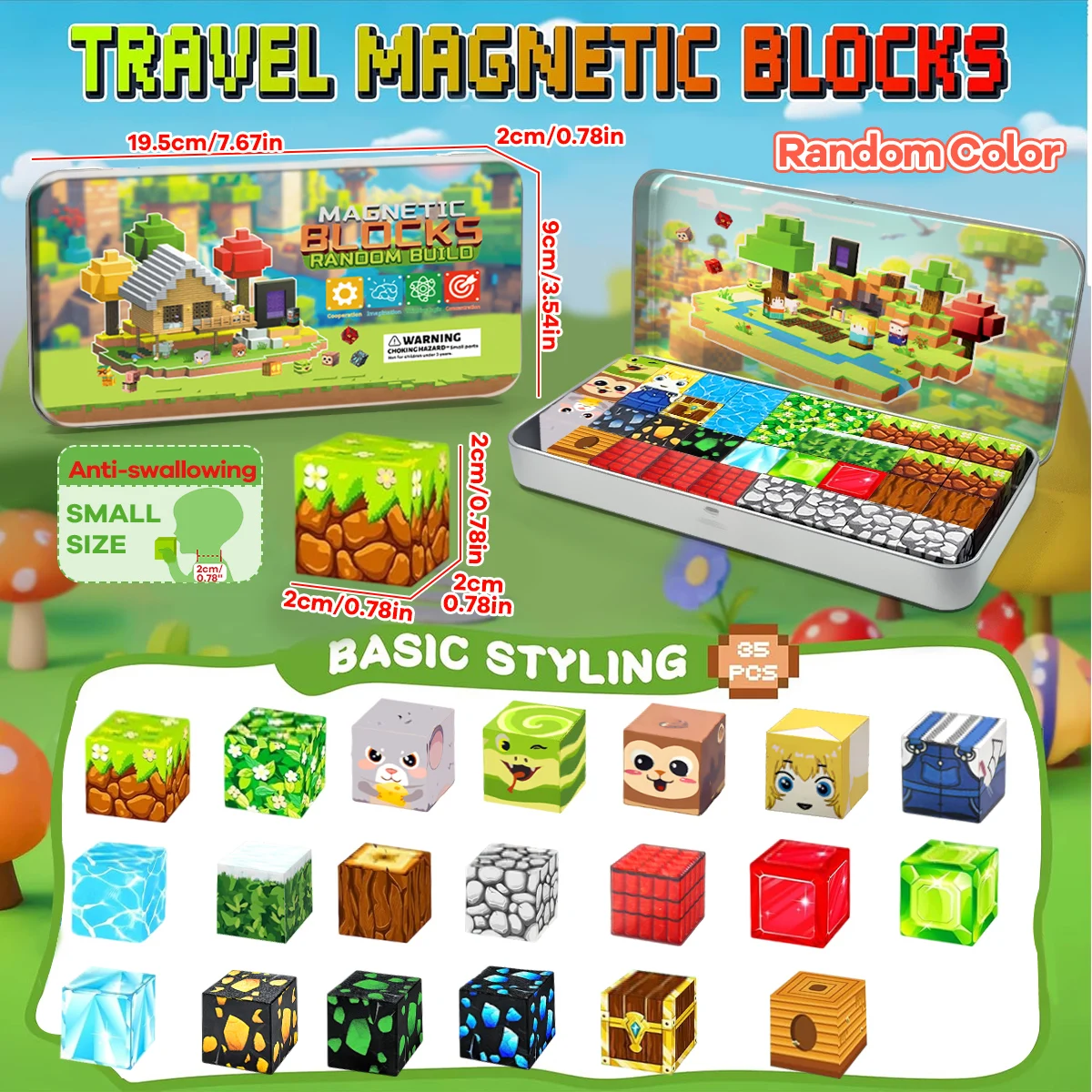35 قطعة ألعاب مكعبات البناء المغناطيسية مع صندوق حديد محمول ألعاب مغناطيسية تعليمية للأطفال الأولاد والبنات هدايا