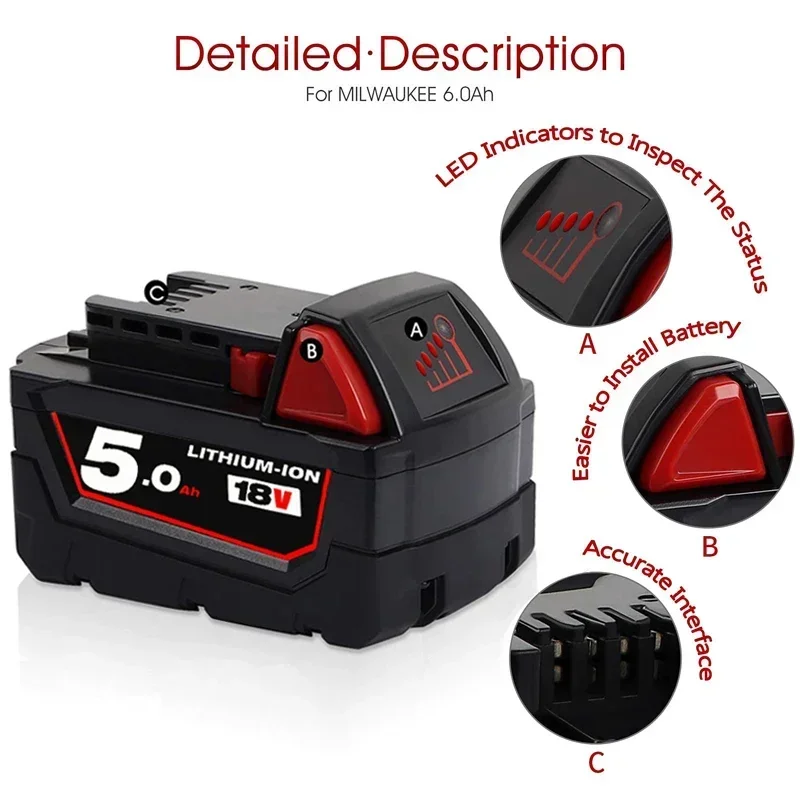 New 18V 12Ah Replacement for Milwaukee M18 XC Lithium Battery 48-11-1860 48-11-1850 48-11-1840 48-11-1820 Rechargeable Battery