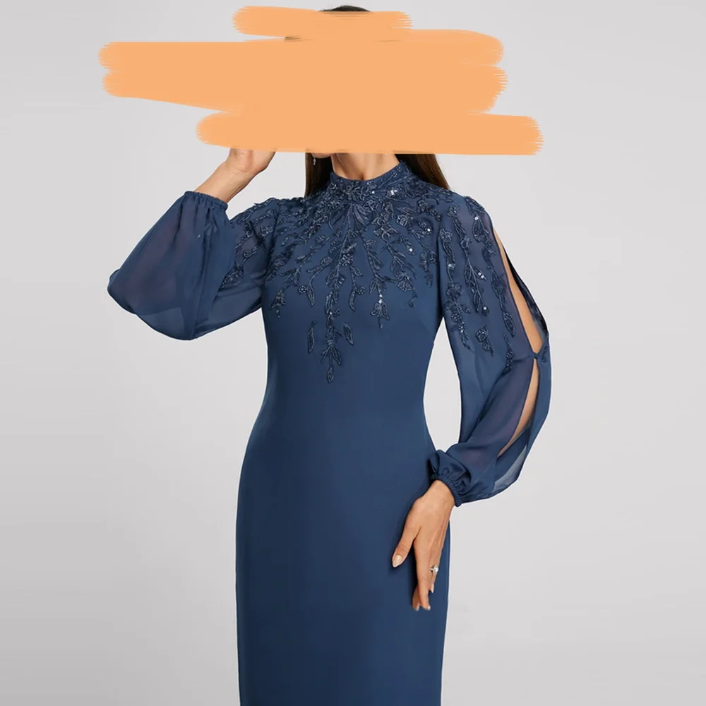 High Neck  Navy Blue Straight Lace Appliques Full Sleeve Modern Evening Dress Simple Knee-Length Wedding Guest Gowns