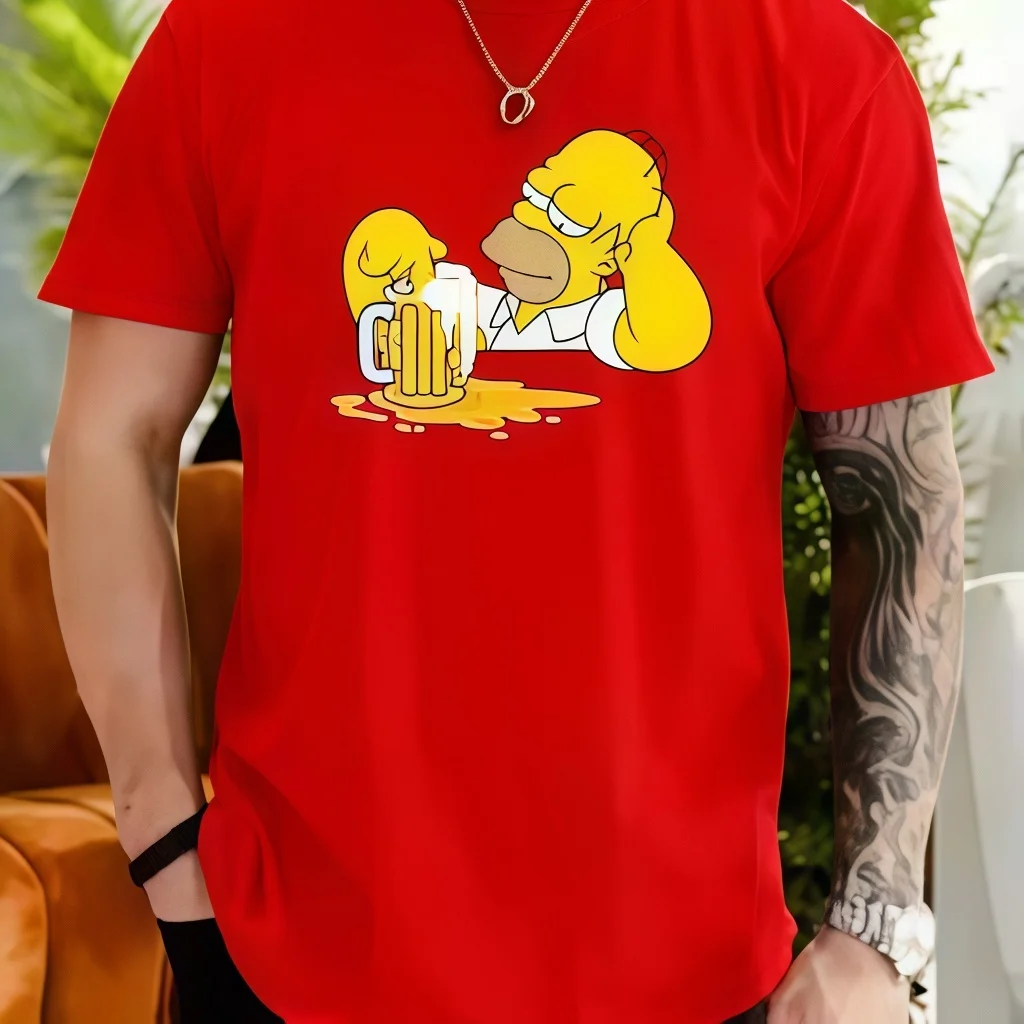 

Summer Men's Casual Short Sleeve T-Shirt Simpson Family Homer Drinking Beer Pattern Authorized Simpson Men's T-Shirt