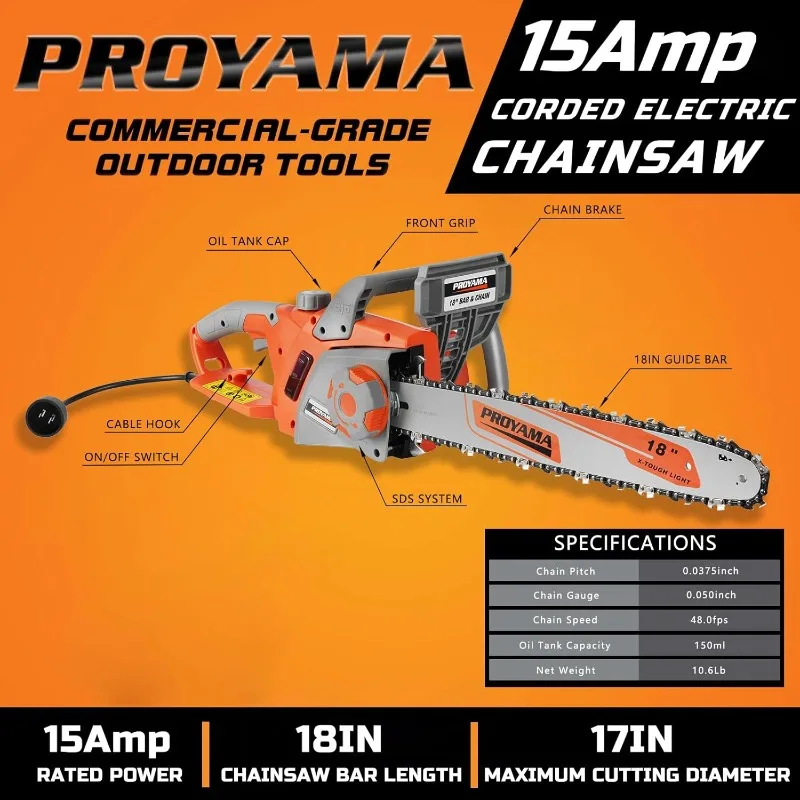 15 Amp 18 Inch Chain Saw Brushless Motor, Auto-oiler System, Powerful Electric Saw with 2 Chains, Gloves and Protective Glasses