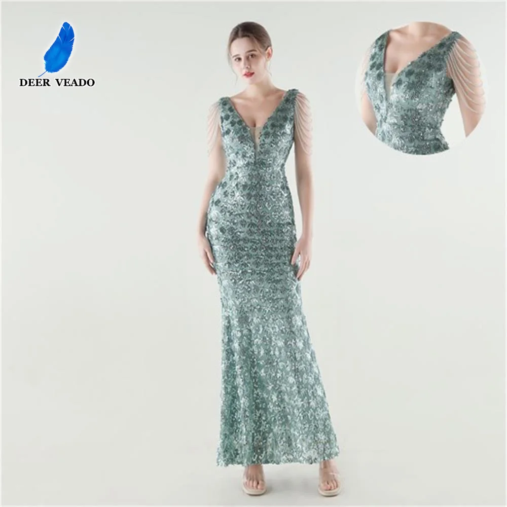 

DEERVEADO Luxury Beading Evening Dresses for Woman Elegant Mermaid V-Neck Sequins Prom Party Maxi Dress Gala Gowns