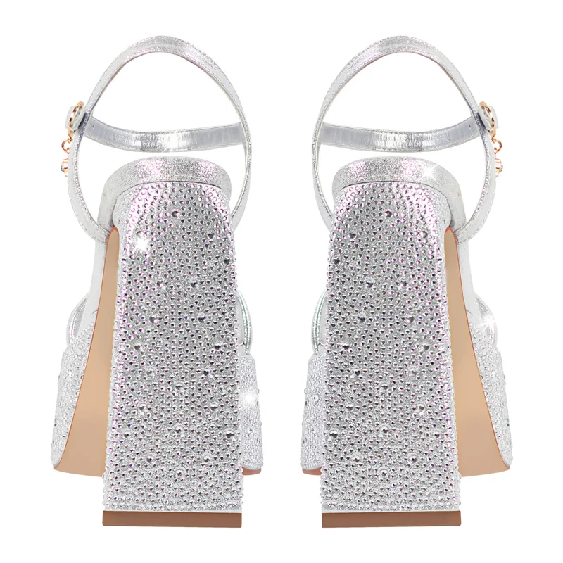 Onlymaker Women Sliver Rhinestone Platform Sandals Square Toe Chunky Heel Party Dress Female Summer  Sandals