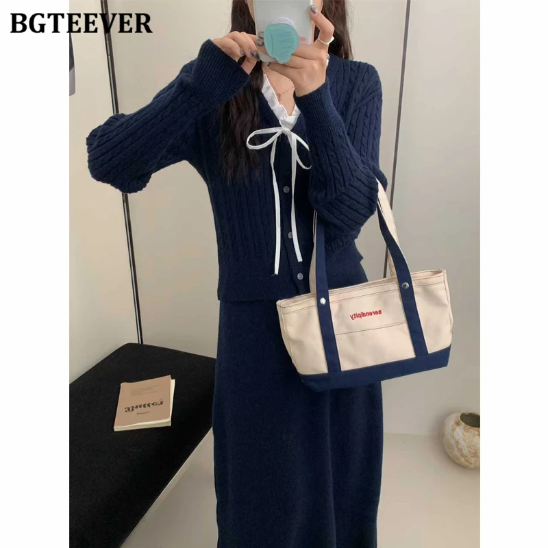 BGTEEVER Elegante dames gebreide 2-delige rokset V-hals Single-breasted strikvesten Truien en A-lijn rokken Damesoutfits