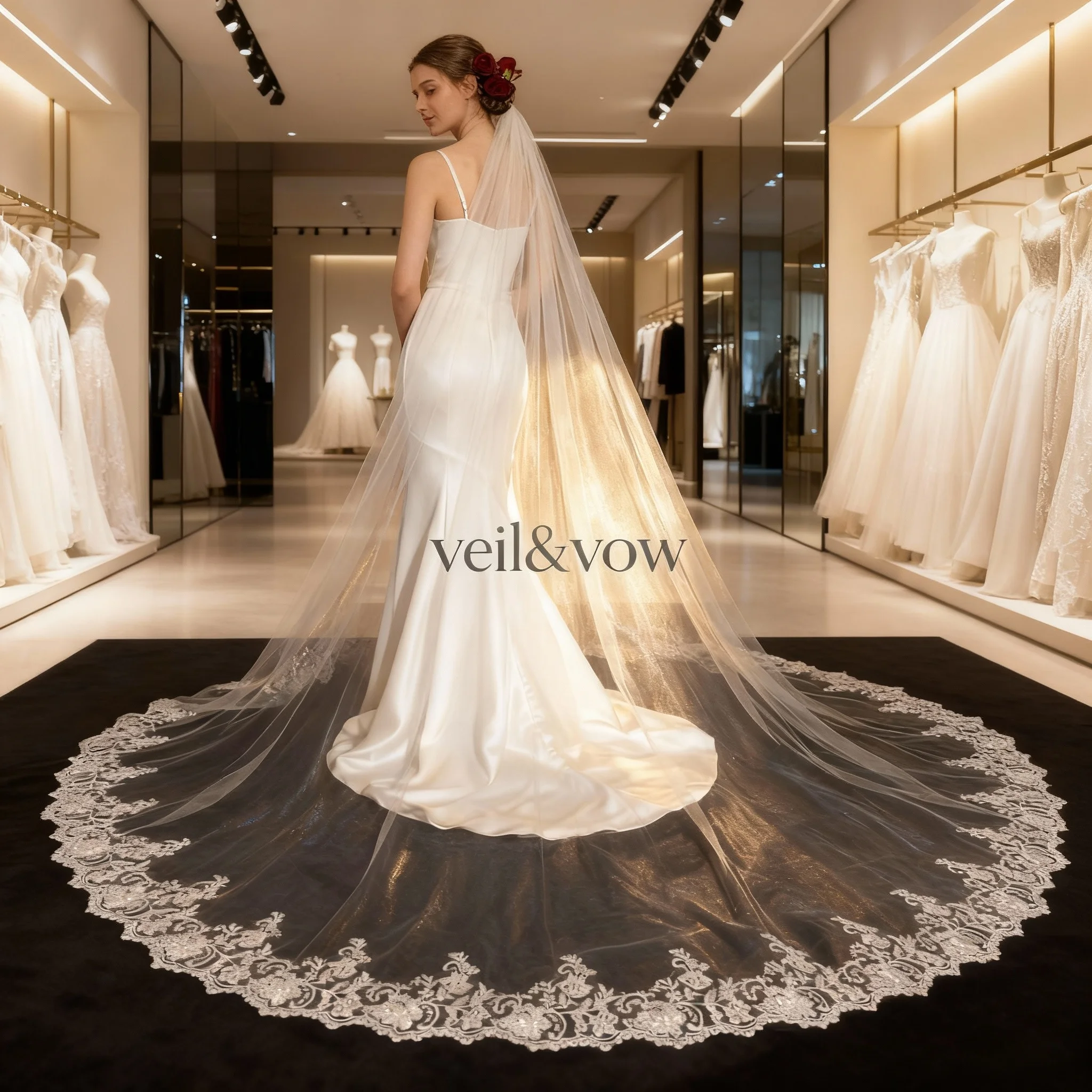 

[Veil&Vow] Винтажная роскошная фата в соборе — свадебная фата из прозрачного тюля с украшенным цветочным кружевным краем