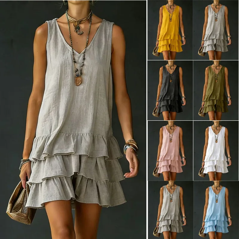 

Beach Casual Loose Mini Dress Women Fashion Summer 2026 Solid Color Sleeveless Loose Tank Dresses Elegant Daily Dress Clothing