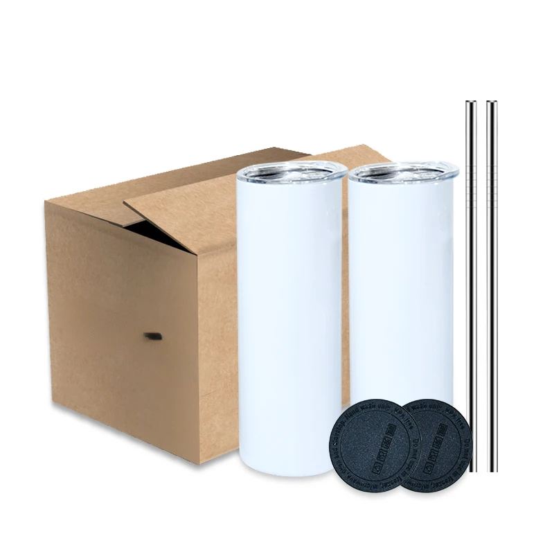 Warehouse Stock White 20oz Straight Skinny Sublimation Blanks Stainless Steel Tumblers Cups with Straw and Rubber Bottom