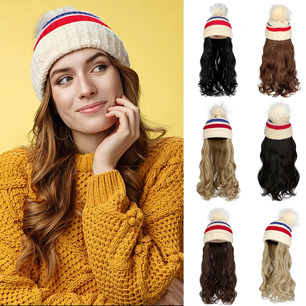 

Shangzi Hat Wig Synthetic Long Wavy Wigs with Beret Hat Knitted Fashion Red Whith Autumn Winter Cap Hair Wig Hair Extensions