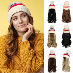 Shangzi Hat Wig Synthetic Long Wavy Wigs with Beret Hat Knitted Fashion Red Whith Autumn Winter Cap Hair Wig Hair Extensions