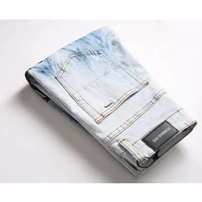 جينز رجالي بتصميم إيطالي Ami3091 بنطال جينز ممزق ومطرز على شكل نجمة خماسية مرن ونحيف للقدم سراويل رجالية مناسبة تمامًا