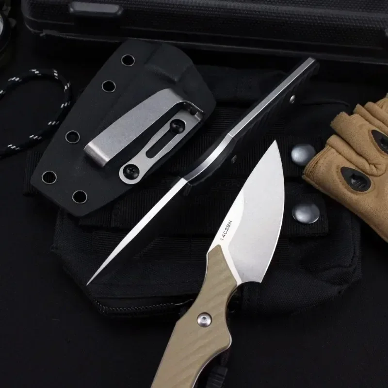 Cuchillos multiherramienta GT0194 edc, cuchillo de hoja fija de acero 14C28N con funda K, cuchillo táctico de lino G10 para exteriores