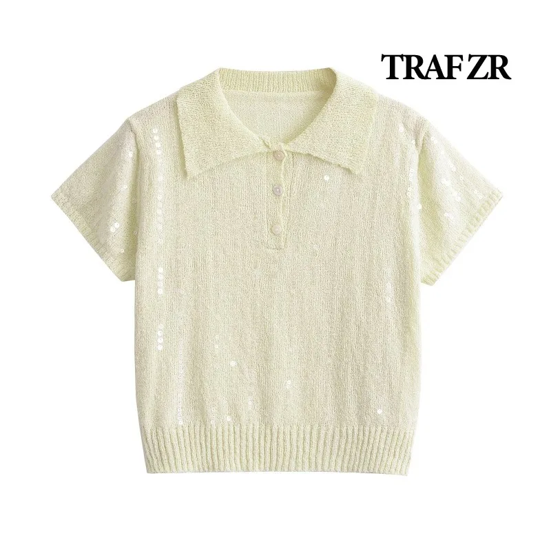 TRAF ZR T-shirts for Women Knitted sequins Tshirts Blouse Tops Summer 2024 Shirt Fashion Top Short Sleeve Tee Harajuku Tees Y2k