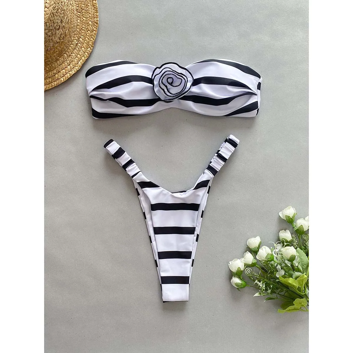 Women Black 3D Flower Designer Push Up Mini Swimsuit Brazilian Bathing Suit Pleate Thong Swimwear