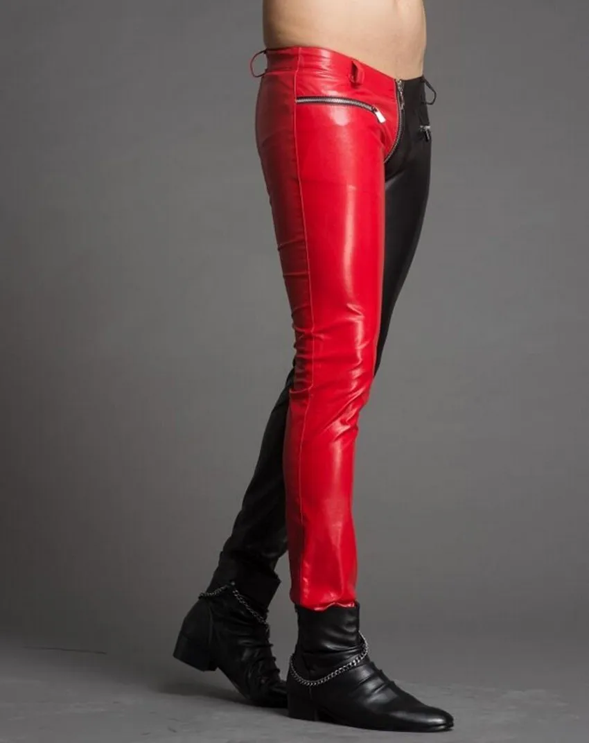 Men's New Slim Fashion Faux Leather Pants Zipper Personality Color Block Tight-fitting Plus Size Male Trousers Singer Costumes