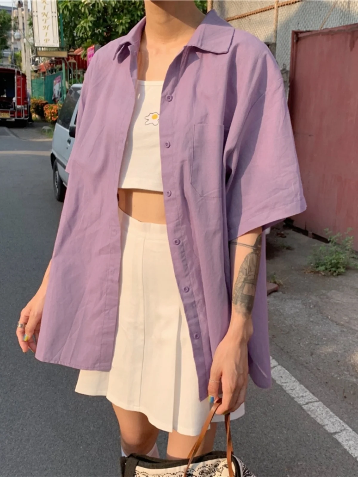 

Retro Hong Kong Style Pure Color Short Sleeve Shirt Women's Versatile Student Fashion Top Summer New Arrival Casual Neck
