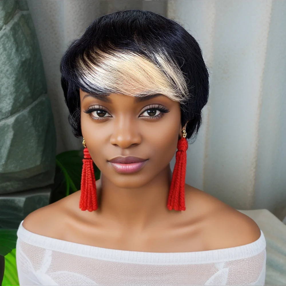 

Короткие прямые человеческие волосы Remy 150% плотность 1B 613 Длина до подбородка Pixie Cut Прямой парик с челкой машинного производства