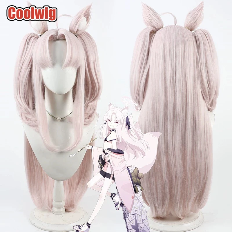 

Coolwig Synthetic Hair Kuzunoha Cosplay Wigs With Ears Blue Archive Kuzunoha 80cm Long Light Pink Ponytail Wig Heat Resistant