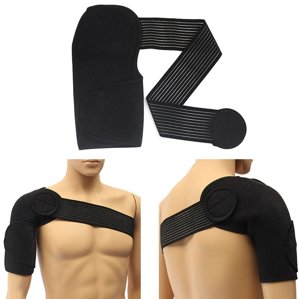 Single Shoulder Support Back Brace Guard Strap Adjustable Breathable Gym Sports Care Wrap Belt Band Pads Black Bandage