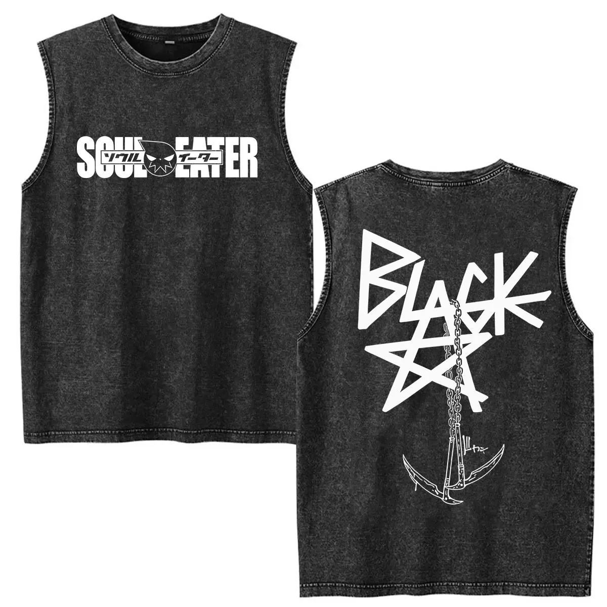Anime Soul Eater MAKA ALBARN Double Sided T Shirts Men's Women Vintage Washed Vest 100% Cotton Short Sleeve T-shirts Streetwear
