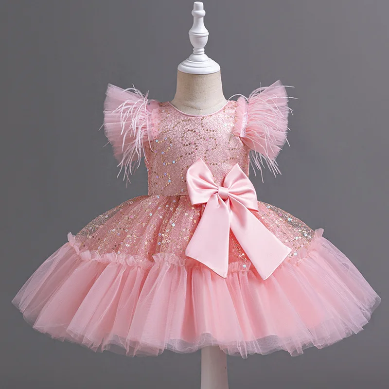Summer New Girl\'s Sequin Flying Sleeves Big Bow Mesh Spliced Dress Birthday Party Wedding Flower Girl Princess Dress