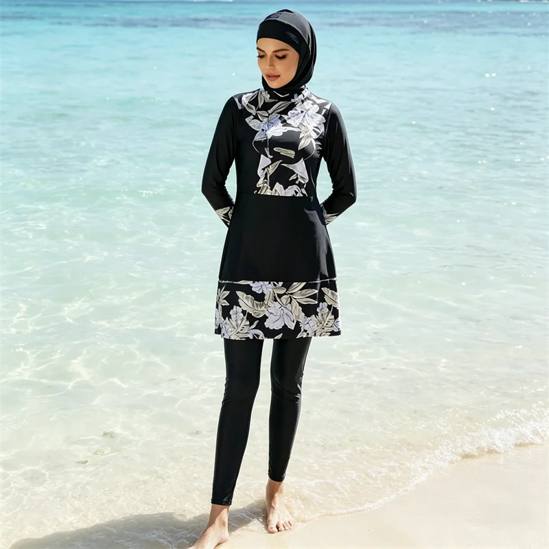 

3 Pieces Modest Print Hijab Women Long Sleeve Swimwear Full Cover Swimsuit Set Islamic Arab Beachwear Burkinis Bathing Costumes