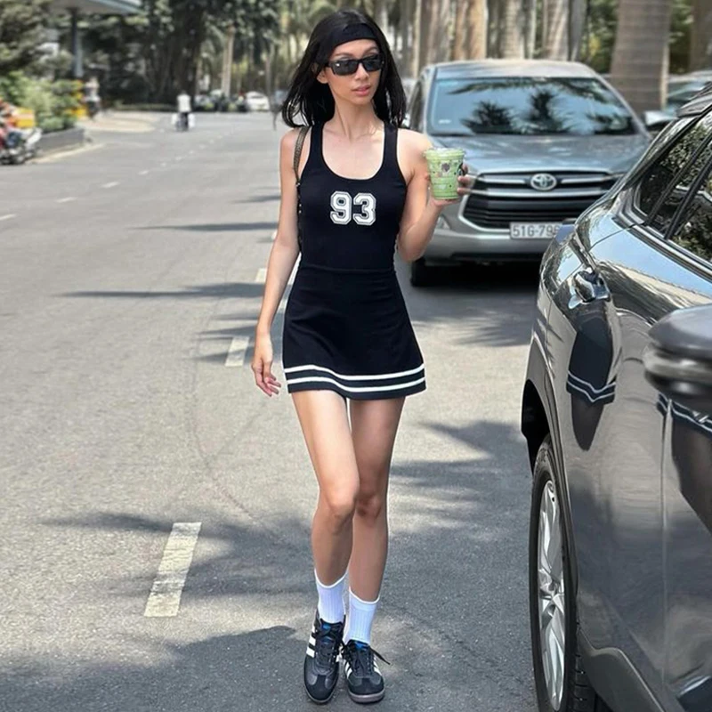 Sexy U Collar Sleeveless Printed High Waist A-line Retro Sporty Mini Dress