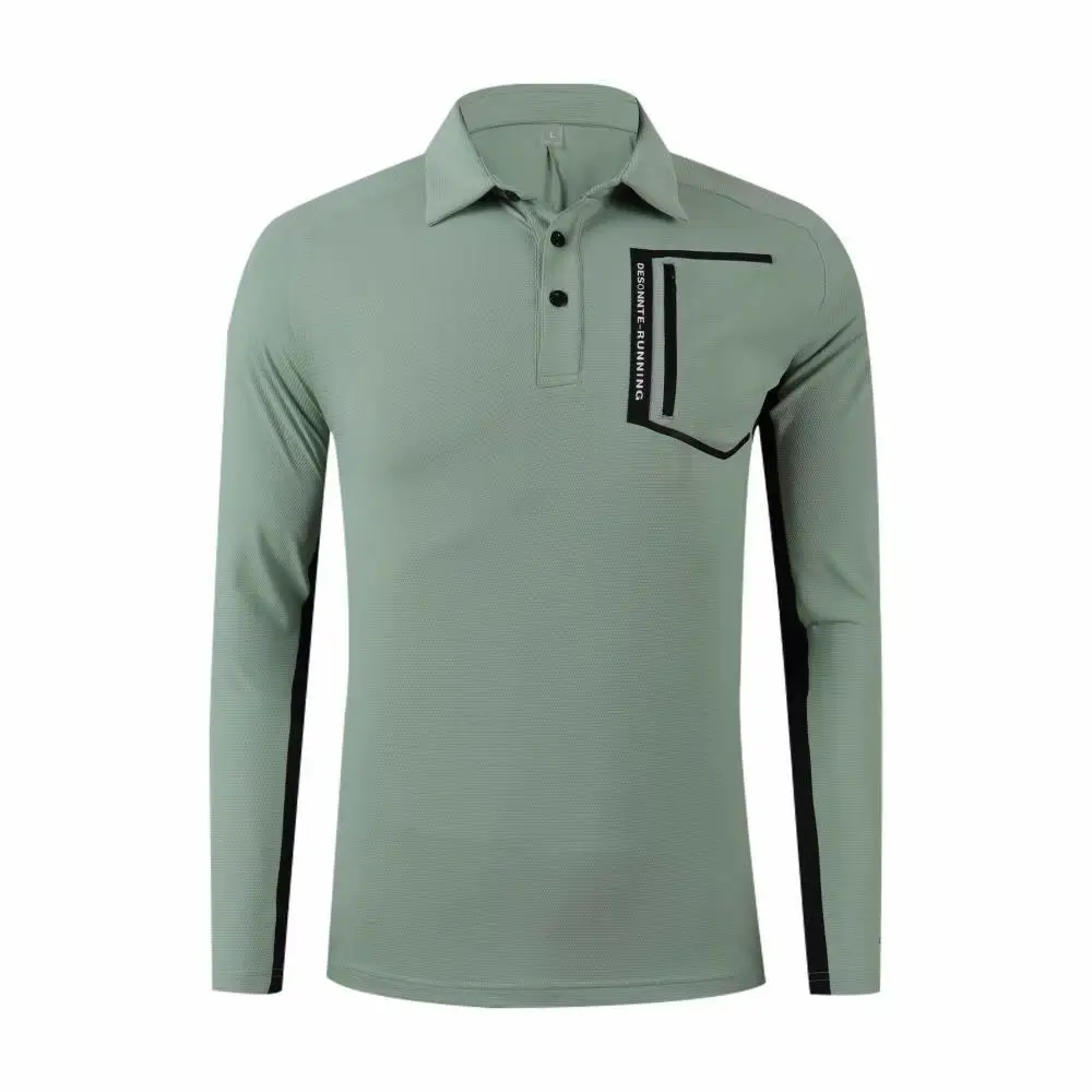 Men Long Sleeve Polo Shirt Light Green Black Color Block Breathable Stretchy Quick Dry Moisture Wicking Golf Wear Activewear Set