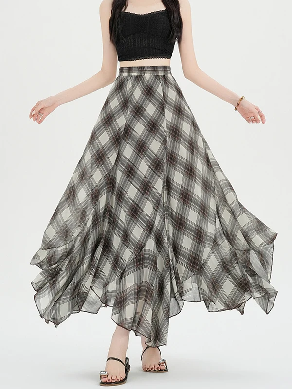 

Retro A-Line Midi Skirt Women's Long Skirt Summer 2026 High Waist Flared Slimming Gingham Print Asymmetrical Umbrella Skirt