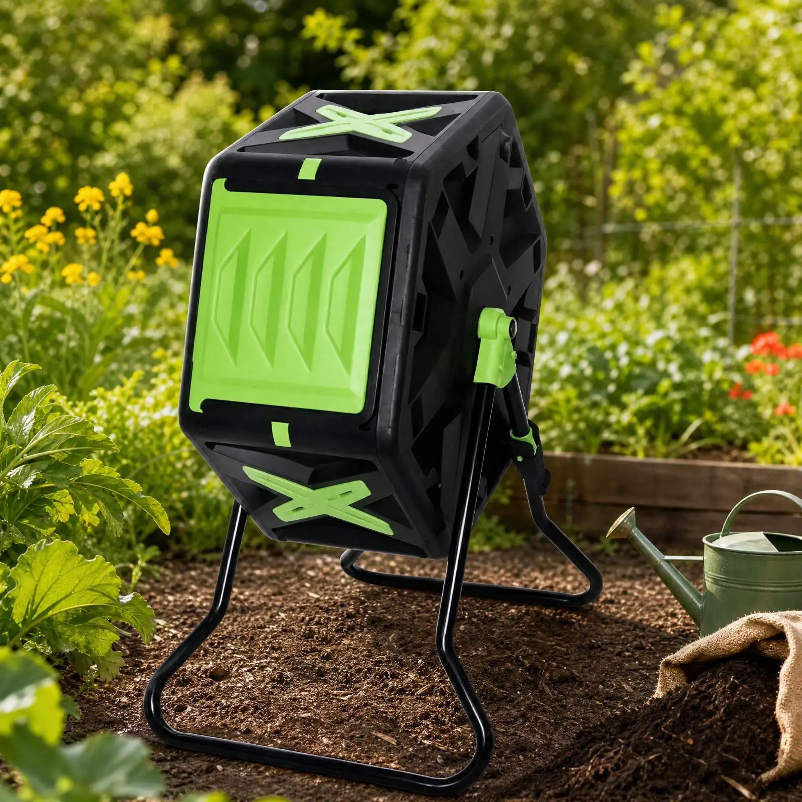 Rotating Garden Compost Tumbler Bin Two Chamber Barrel for Backyard Yard Waste Composting Black Green
