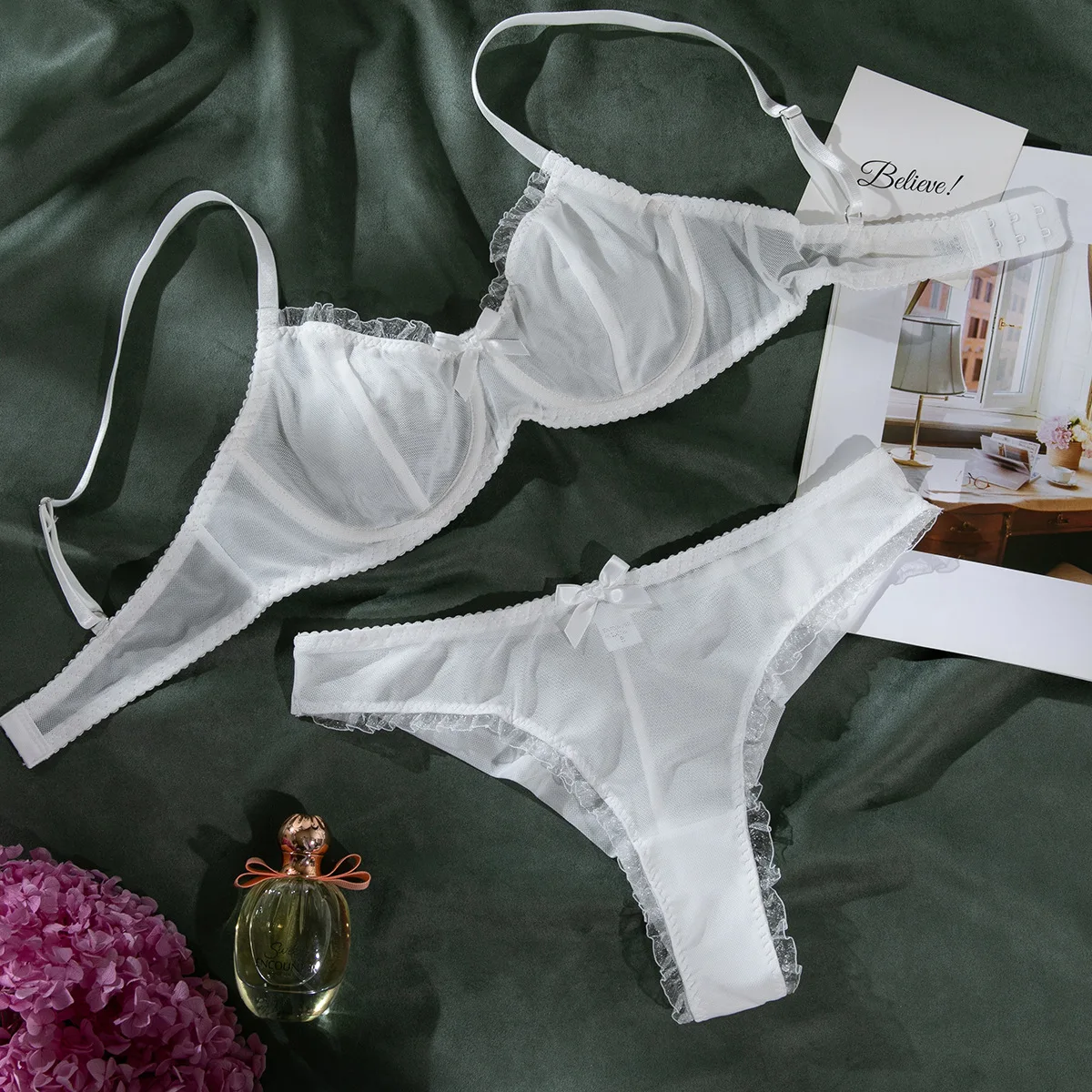 Sexy White Bridal Ruffles Transparent Fine Mesh Lingerie and High Waisted Panties Sexy Lingerie Set