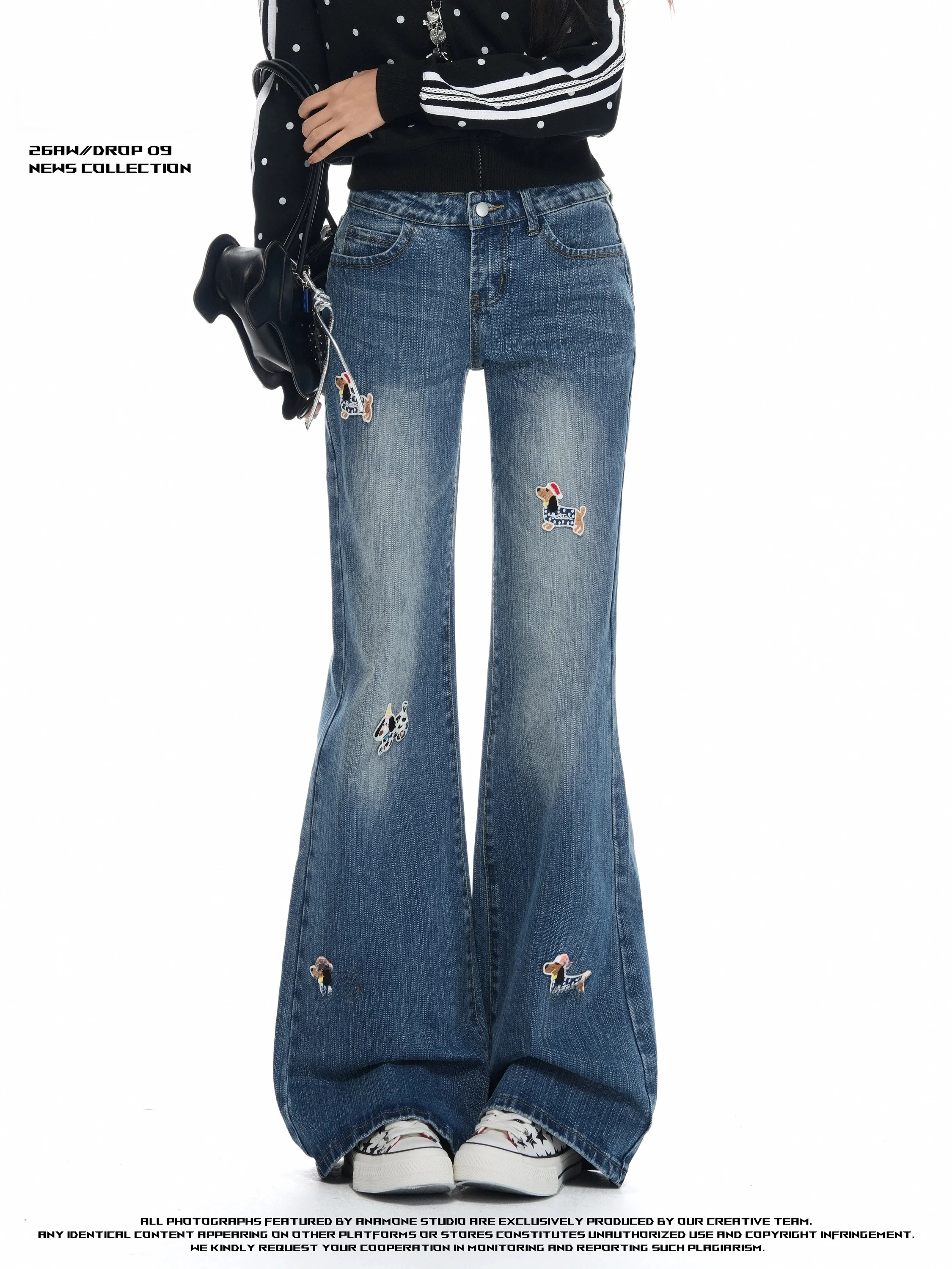 ANAMONE Low Waist Bell Bottom Jeans Women's Casual Style Embroidered Cartoon Dog Slimming Loose Fit Denim Pants
