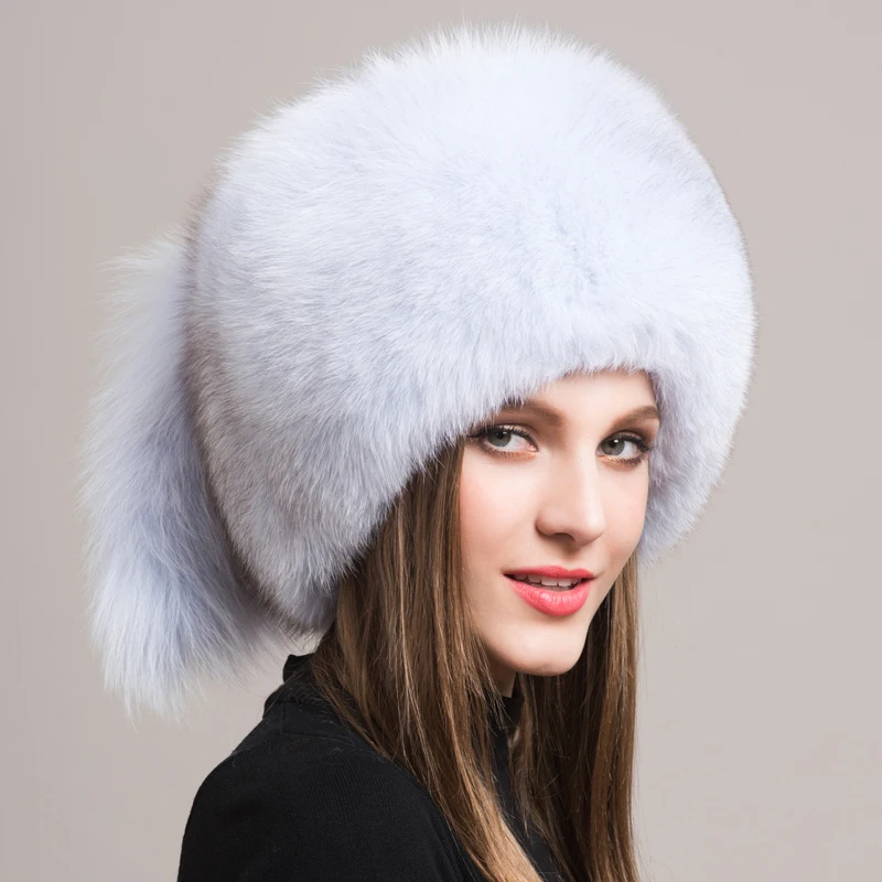 Winter Women Fashion Real Fur Hat Natural Fox Fur Hats Headgear Russian Outdoor Cap Ladies Thicken Warm Fur Caps