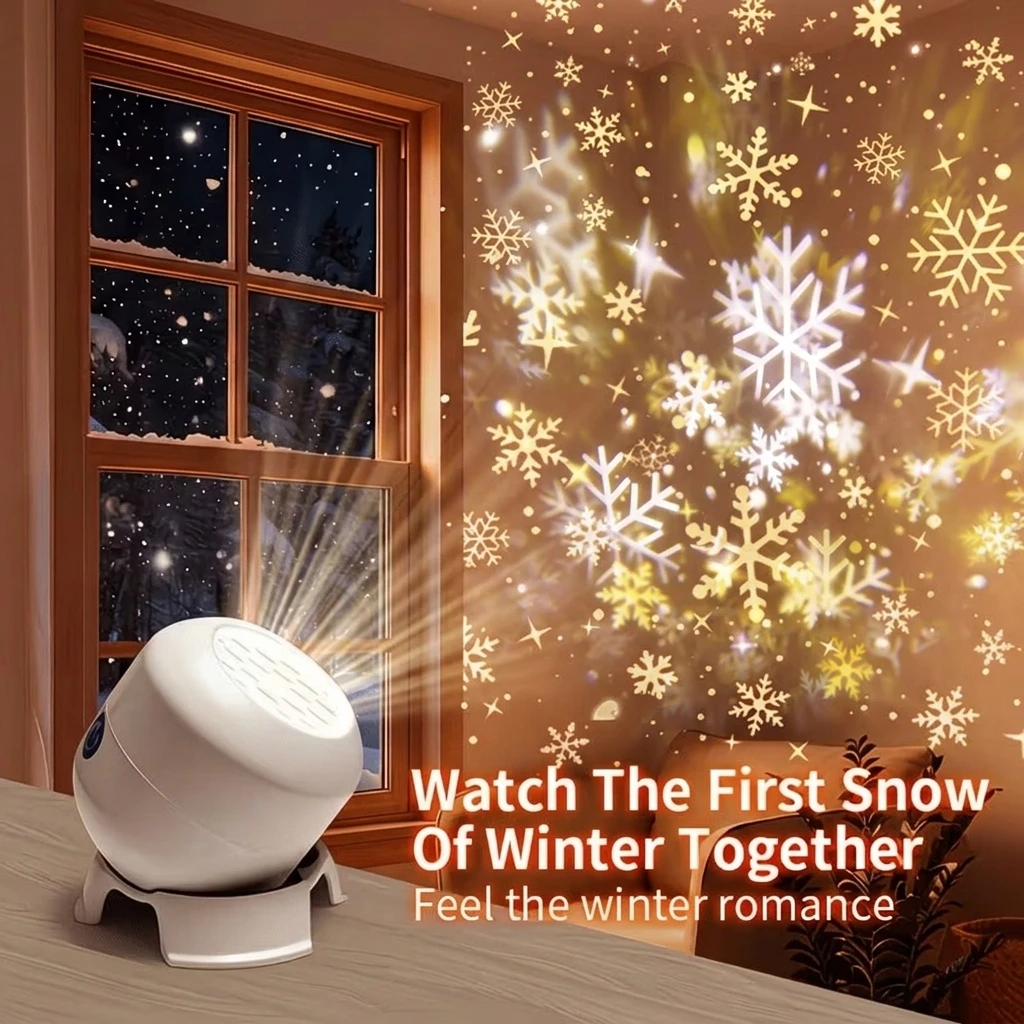 Snowflake Projector Light 360°Rotating Dynamic Christmas Snowflake Projector USB Rechargeable Night Lamp for Bedroom Party Decor