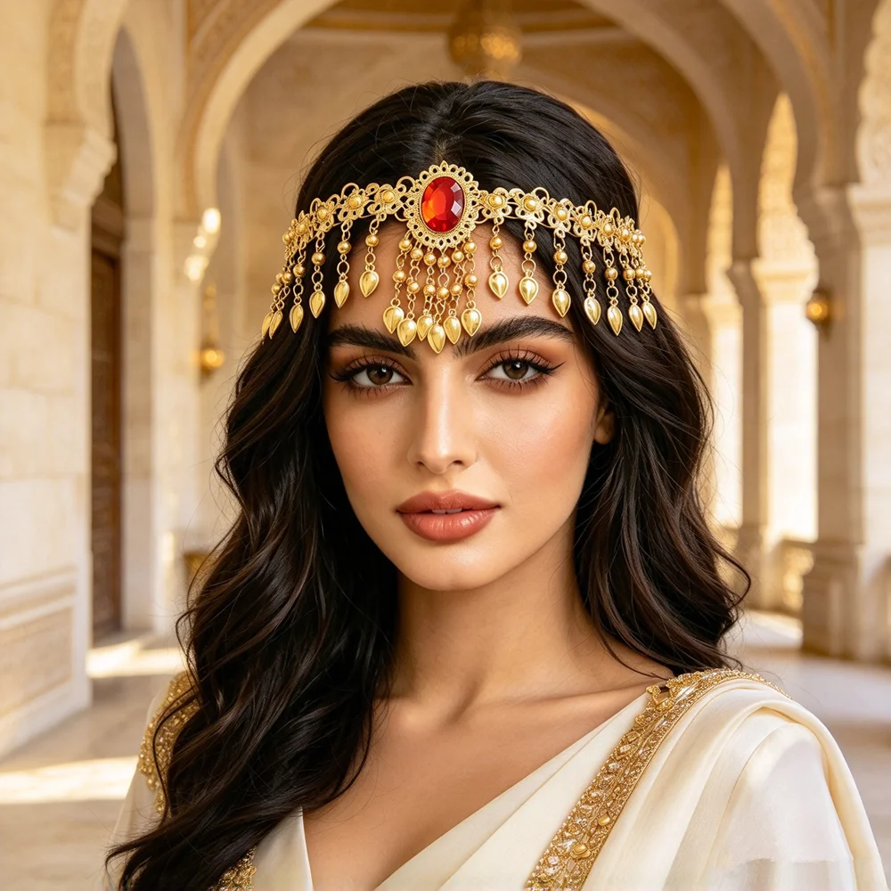 Luxury Gold Plated Tassel Headband with Red Rhinestones Suitable for Arab Wedding And Theme Parties Women's Hair Accessories