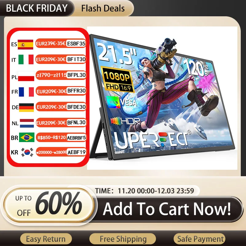 

UPERFECT 21,5 "120 Гц портативный монитор большой игровой экран с HDMI Type C внешний дисплей ПК для ноутбука Steamdeck MacBook телефон