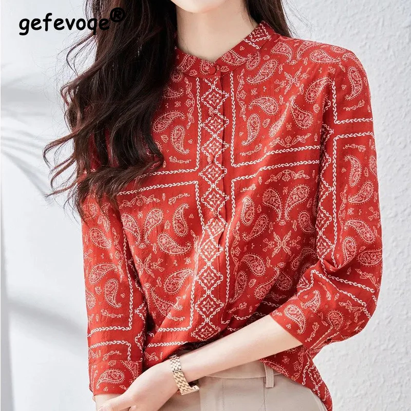 

Spring Summer New Ethnic Style Stand Neck Loose Fit Shirt Vintage Three-quarter Sleeve Single Row Multi Buckle Chiffon Blouses