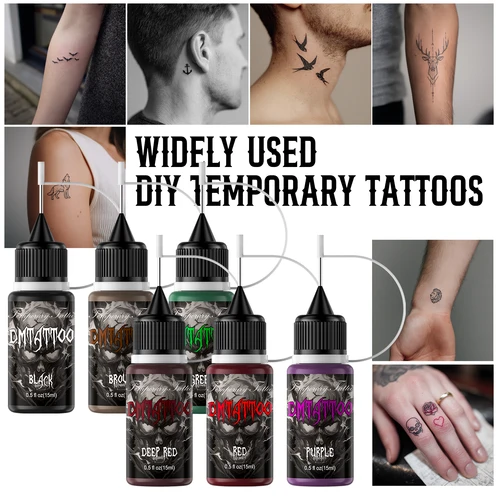 Imagen 2 del producto Kit de tatuaje temporal, tatuaje semipermanente, 6/12 botellas, tinta de tatuaje temporal de Color, 145/176 Uds., Kit de plantillas para tatuajes falsos DIY