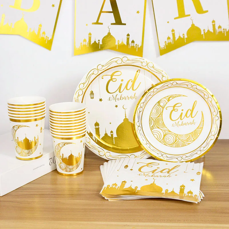 Eid Mubarak Weiß-Gold Einweg-Tischgeschirr Ramadan Kareem Pappteller Becher Servietten Banner Islam Muslime Party Heim-Dekoration