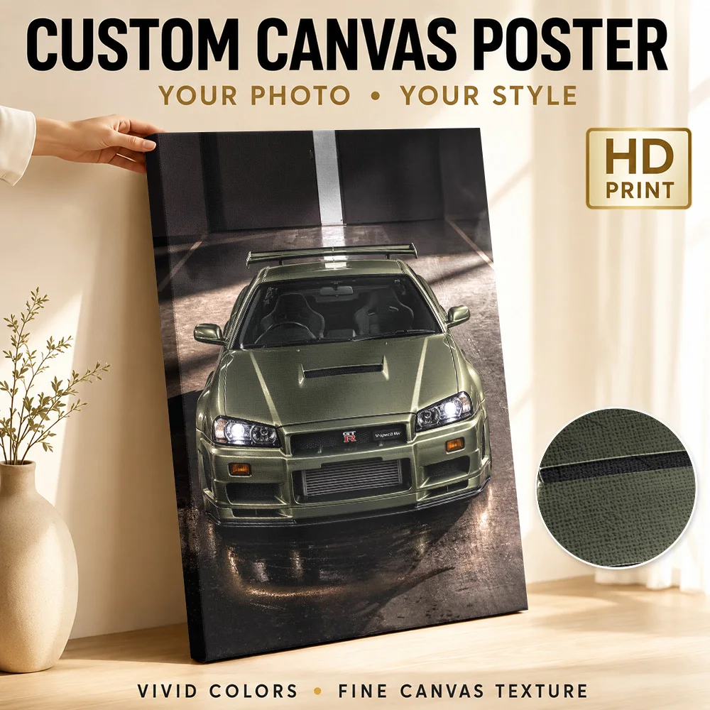 Japanese R34 GT-R V-Spec II Nur Sports Car Canvas Print Customized Photo Moody Lighting Wall Art For Lounge Motoring Fan Gift