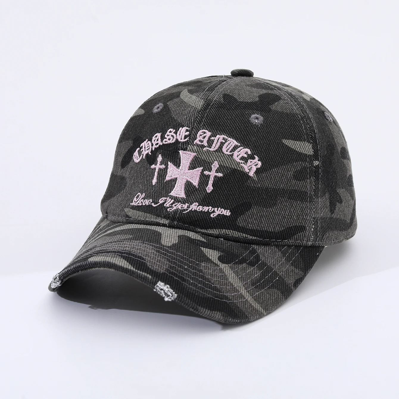 Europäische und amerikanische Mode-Camouflage-Baseballkappe mit gesticktem Schriftzug, weichem Oberteil und Sonnenschutzkrempe – Detail 6