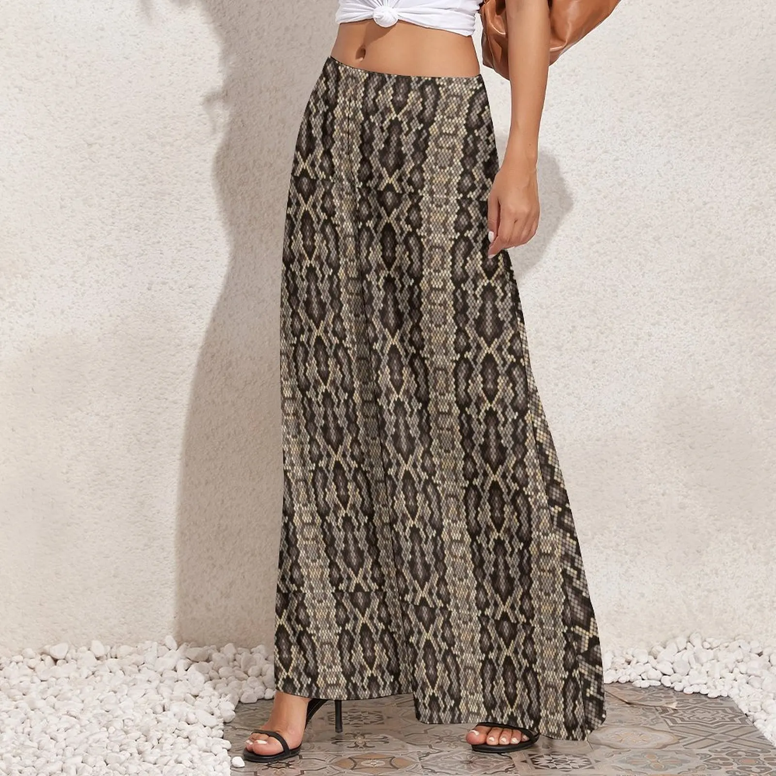 Faux Brown Snakeskin Straight Pants Animal Print Casual Wide Leg Pants Female Oversized Beach Graphic Trousers