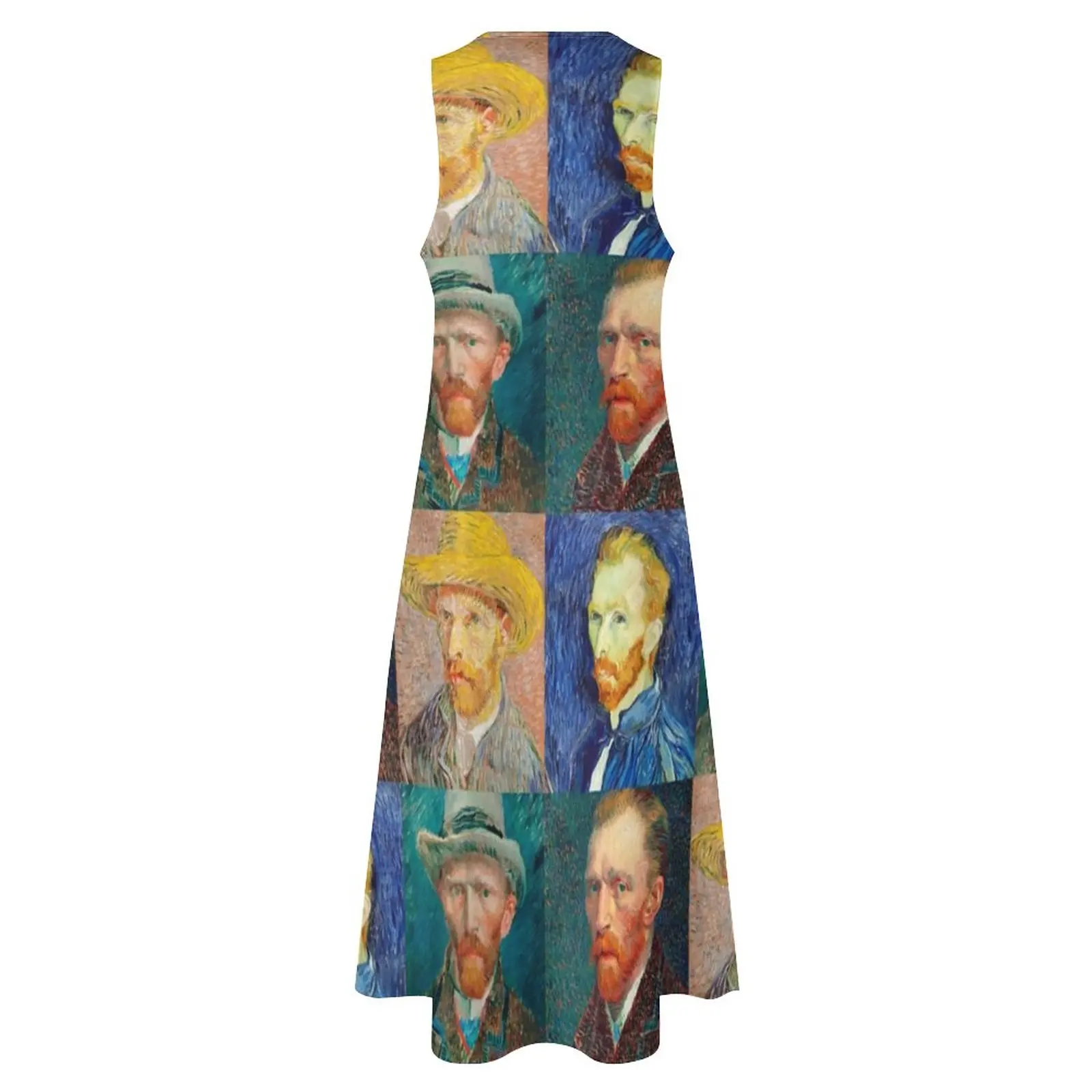 Van gogh vestido auto-retrato colagem na moda maxi vestido estético casual vestidos longos feminino sem mangas impresso vestido de grandes dimensões