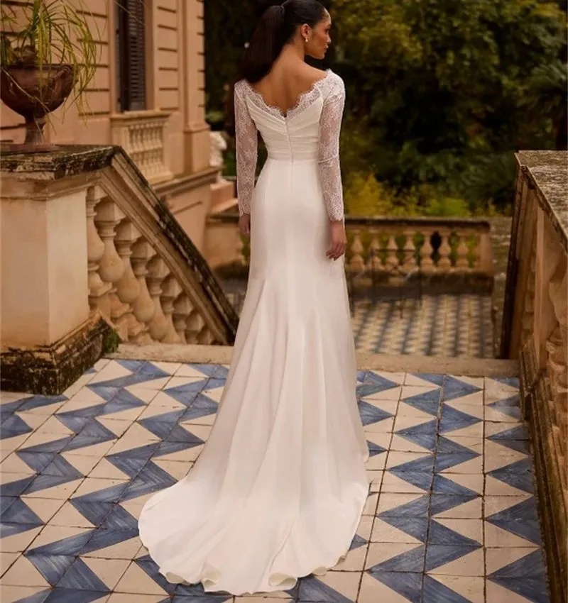 ชุดแต่งงานทรงเอไลน์สุดหรู ปี 2026 คอวี ประดับลูกไม้ ผ้าซาติน แขนยาว สำหรับเจ้าสาว งานแต่งงาน ชุดราตรี ชุดเจ้าสาว