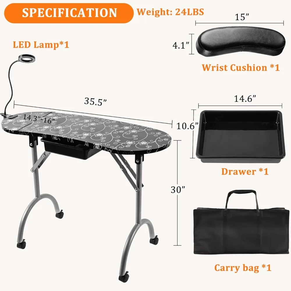 Portable & Foldable Manicure Table Nail Desk on Wheels with Drawer, Updated USB-Plug LED Table Lamp, Client Wrist Pad